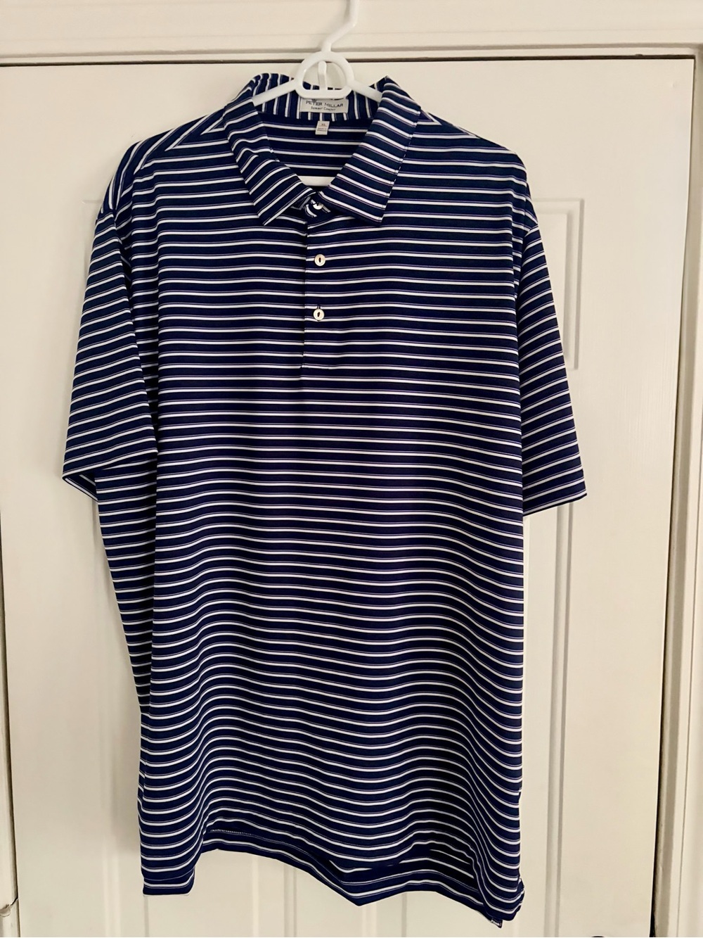 Peter Millar Navy and White Striped Golf Polo